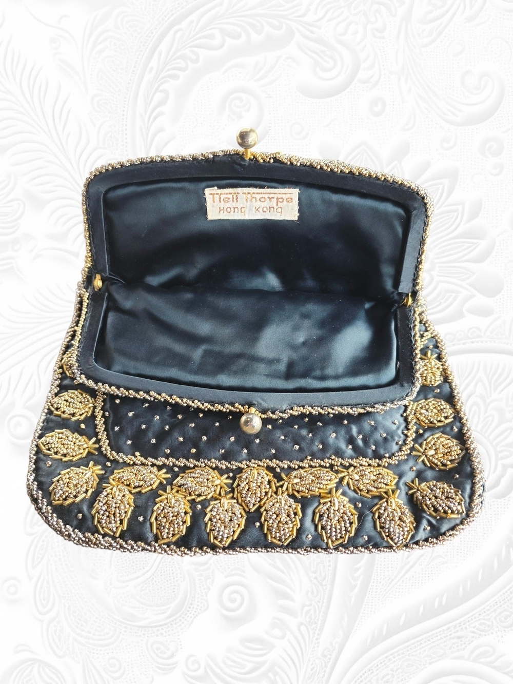 Nell Thorpe Black Satin Hand Beaded Evening Clutch Envelope Style Vintage Bag